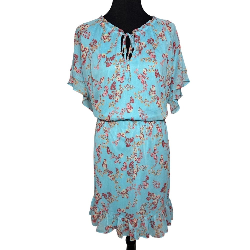 LC Lauren Conrad Womens Plus 2X Blue Floral Pleat Neck Ruffle Dress Lined Flowy - Picture 2 of 10